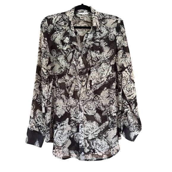 Cabi Womens Floral Ruffle Button-Up Blouse Long Sleeve Black & White Lightweight - Picture 1 of 10